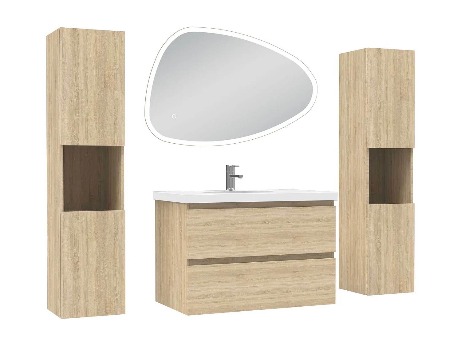 Ensemble meuble chêne et lavabo L.80cm 2 tiroirs + colonne x 2 haute + miroir antibuée Asymétrique à LED 80x55cm-suspendu
