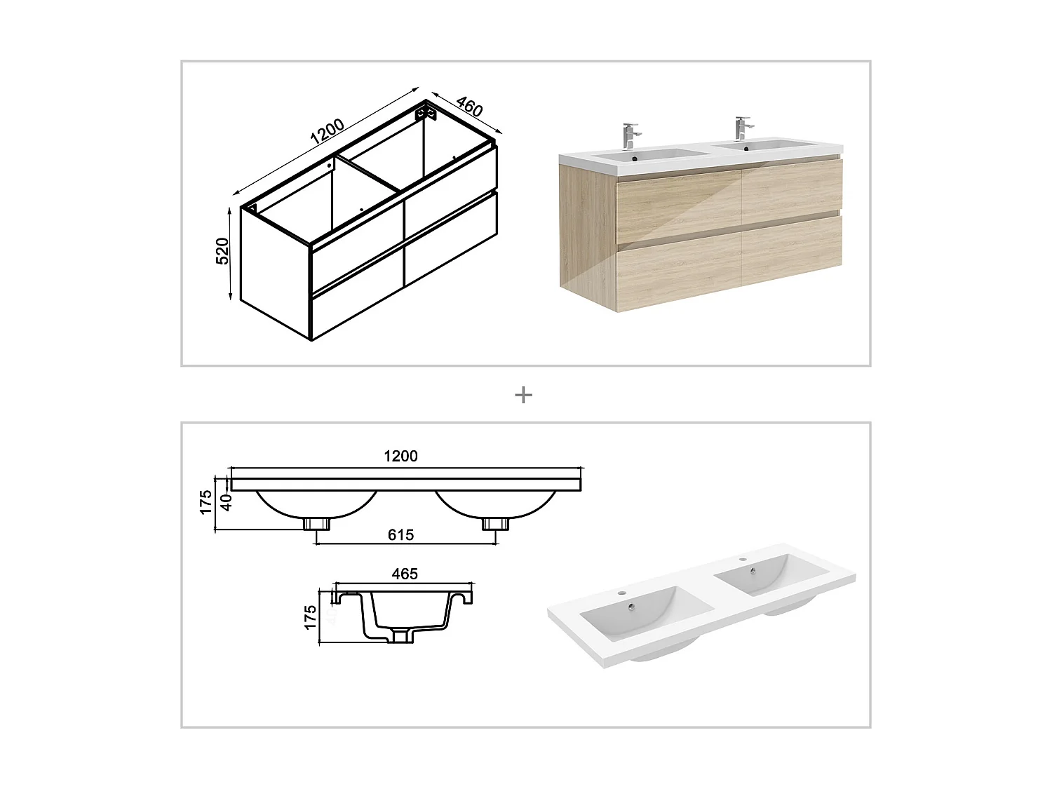 Meuble salle de bain 120cm chêne brillant avec 4 tiroirs à fermeture automatique et double lavabo