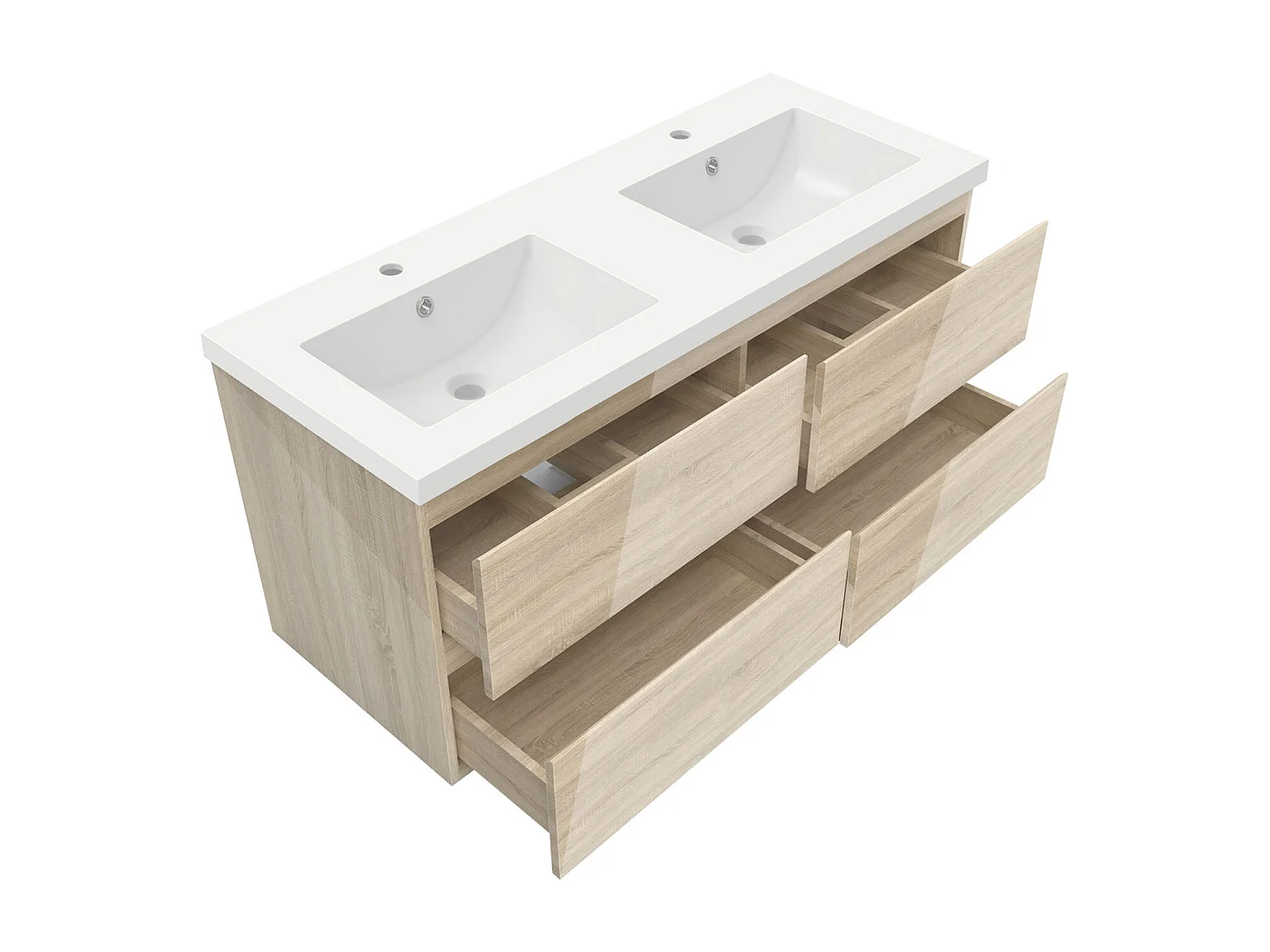 Meuble salle de bain 120cm chêne brillant avec 4 tiroirs à fermeture automatique et double lavabo