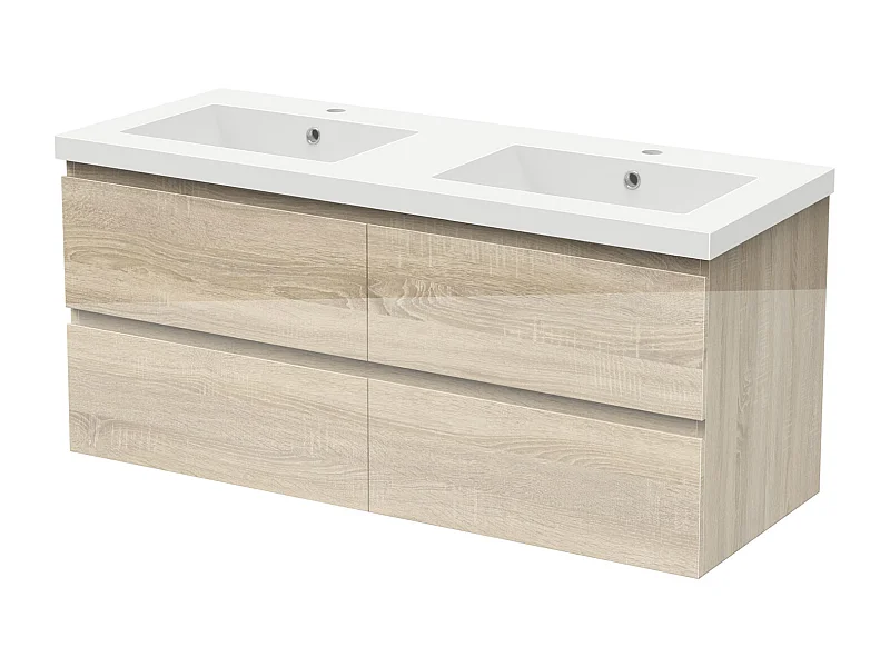 Meuble salle de bain 120cm chêne brillant avec 4 tiroirs à fermeture automatique et double lavabo