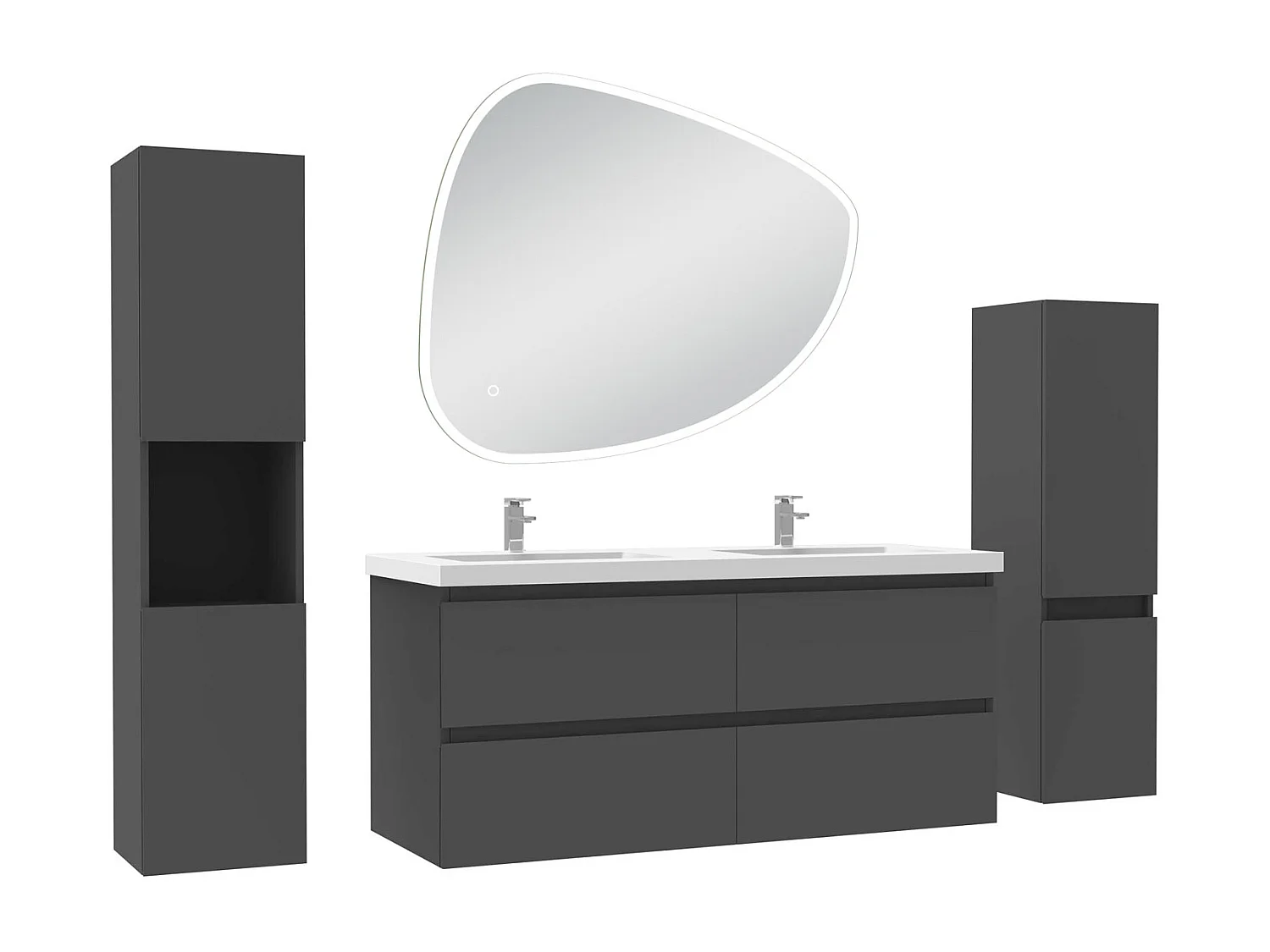 Ensemble meuble anthracite et vasque L.120cm 4 tiroirs + colonne haute x 2 + miroir antibuée Asymétrique à led 100x80cm-suspendu