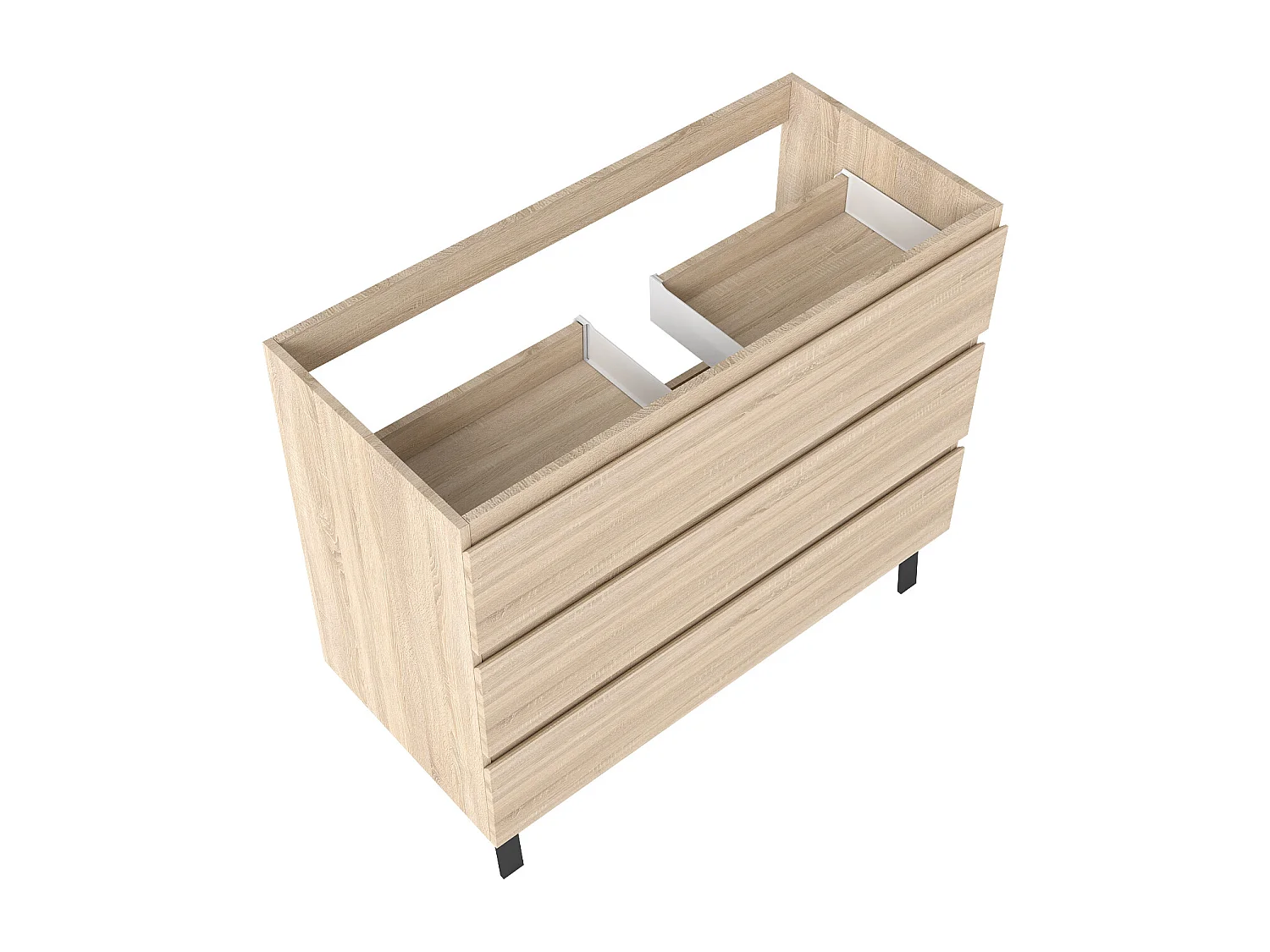 Meuble de Salle de Bain 100cm avec 3 tiroirs + 2 Pieds, Meuble sans vasque, Chêne