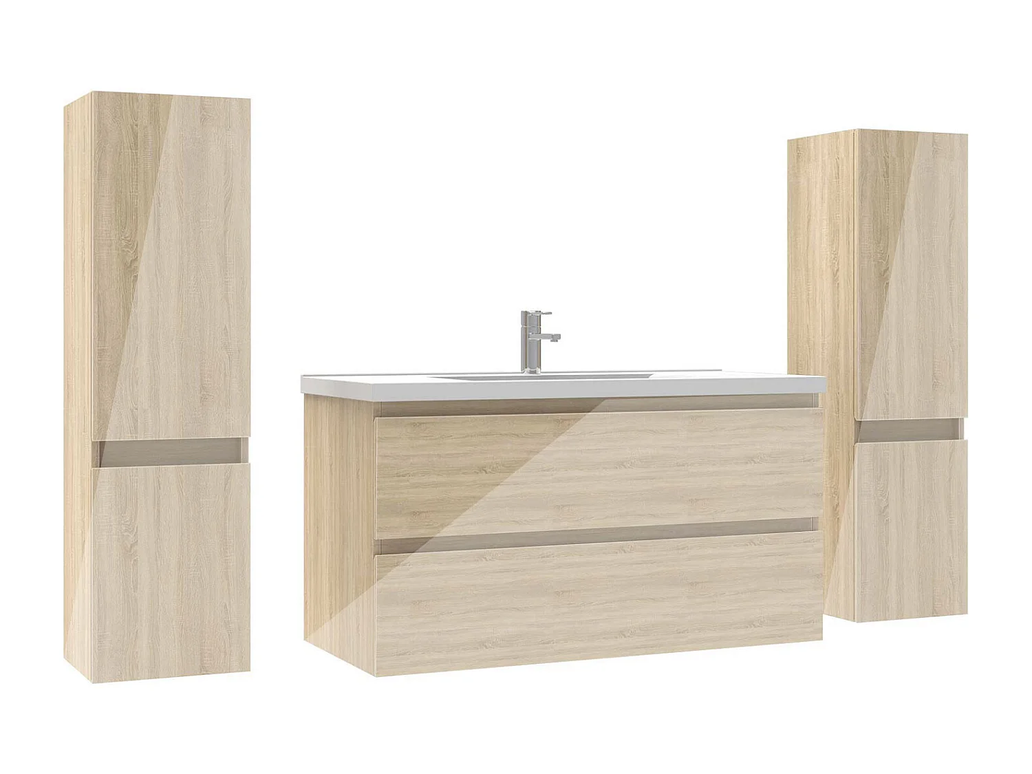 Ensemble meuble salle de bain 100 cm chêne brillant avec 2 tiroirs à fermeture automatique, lavabo céramique simple + 2 colonnes, suspendu