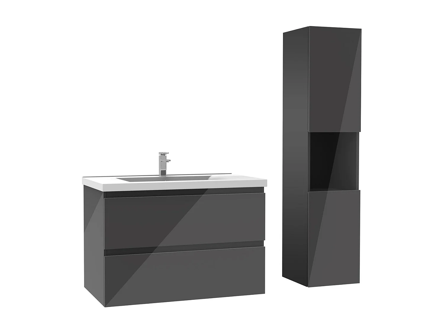Ensemble meuble salle de bain 80 cm anthracite brillant avec 2 tiroirs à fermeture automatique, lavabo céramique simple + colonne haute, suspendu