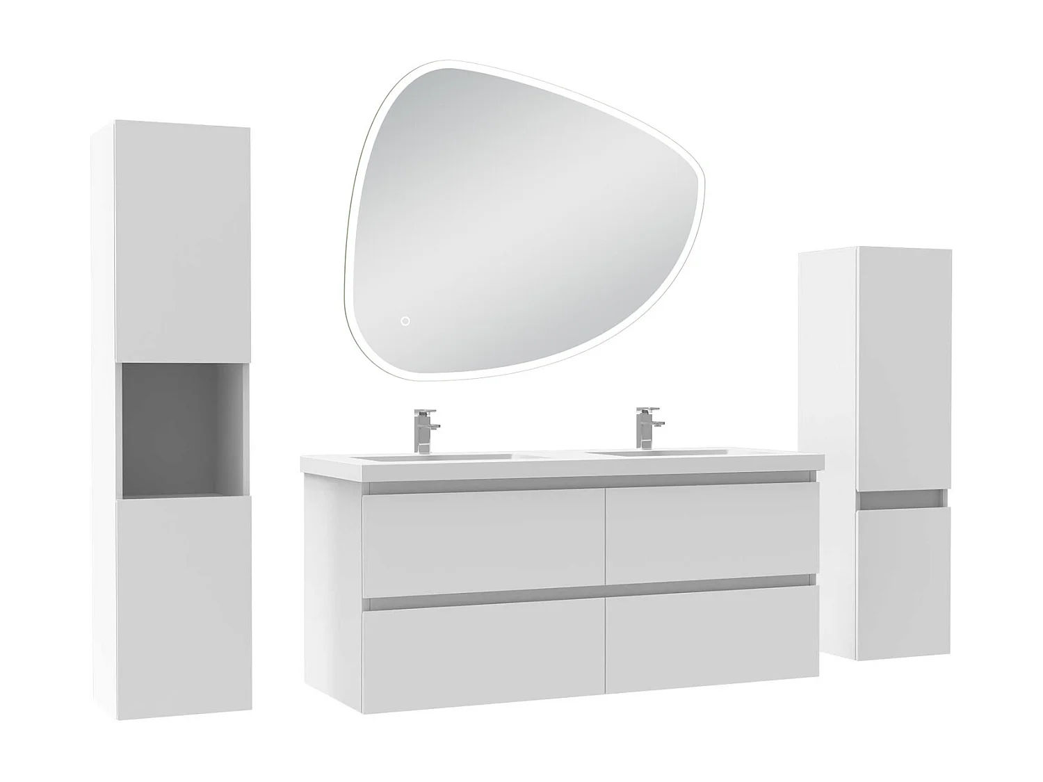 Ensemble meuble blanc et lavabo L.120cm 4 tiroirs + colonne haute x 2 + miroir antibuée Asymétrique à LED 100x80cm-suspendu