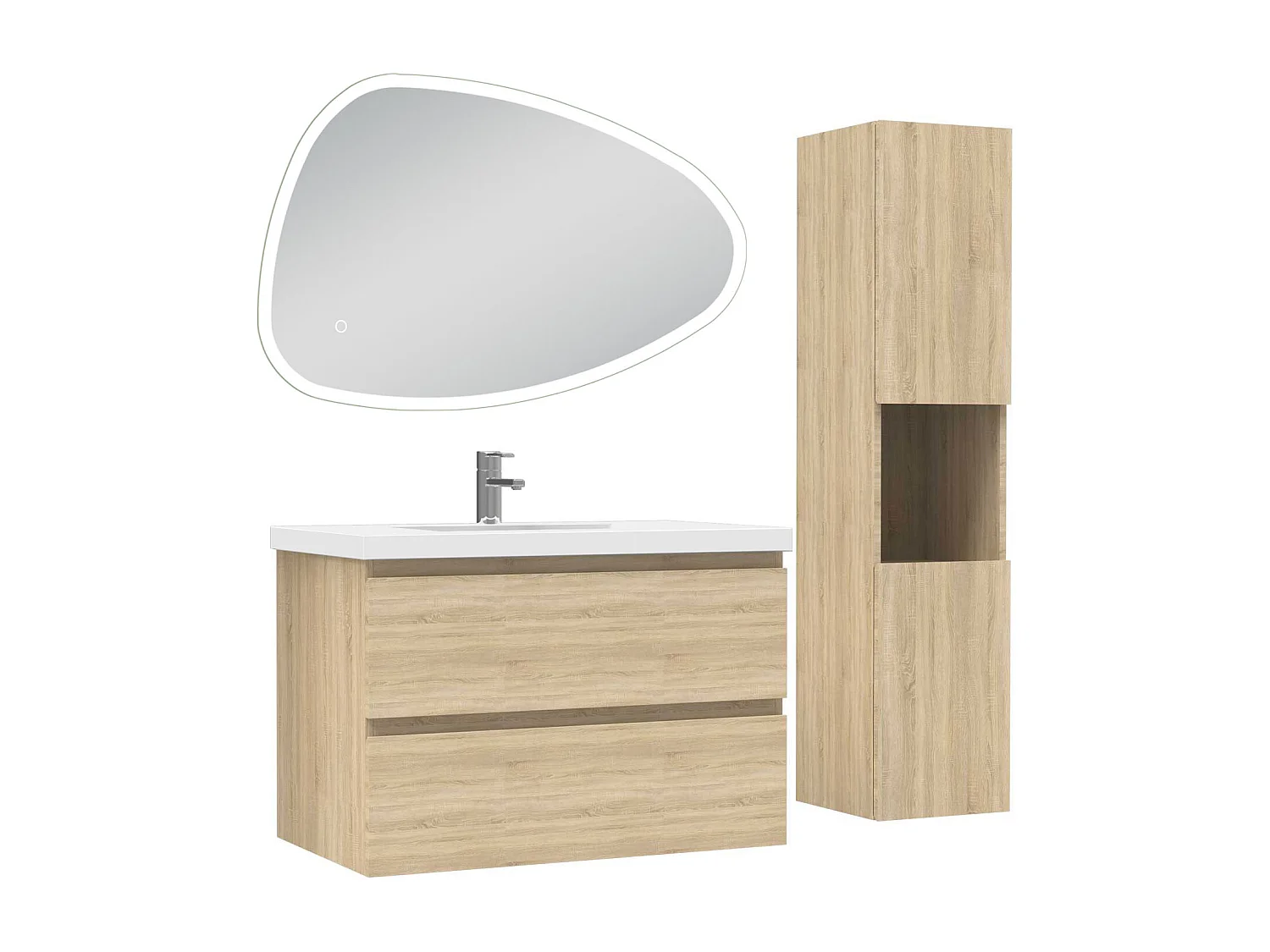Ensemble meuble chêne et vasque L.80cm 2 tiroirs + colonne haute + miroir antibuée Asymétrique à led 80x55cm-suspendu