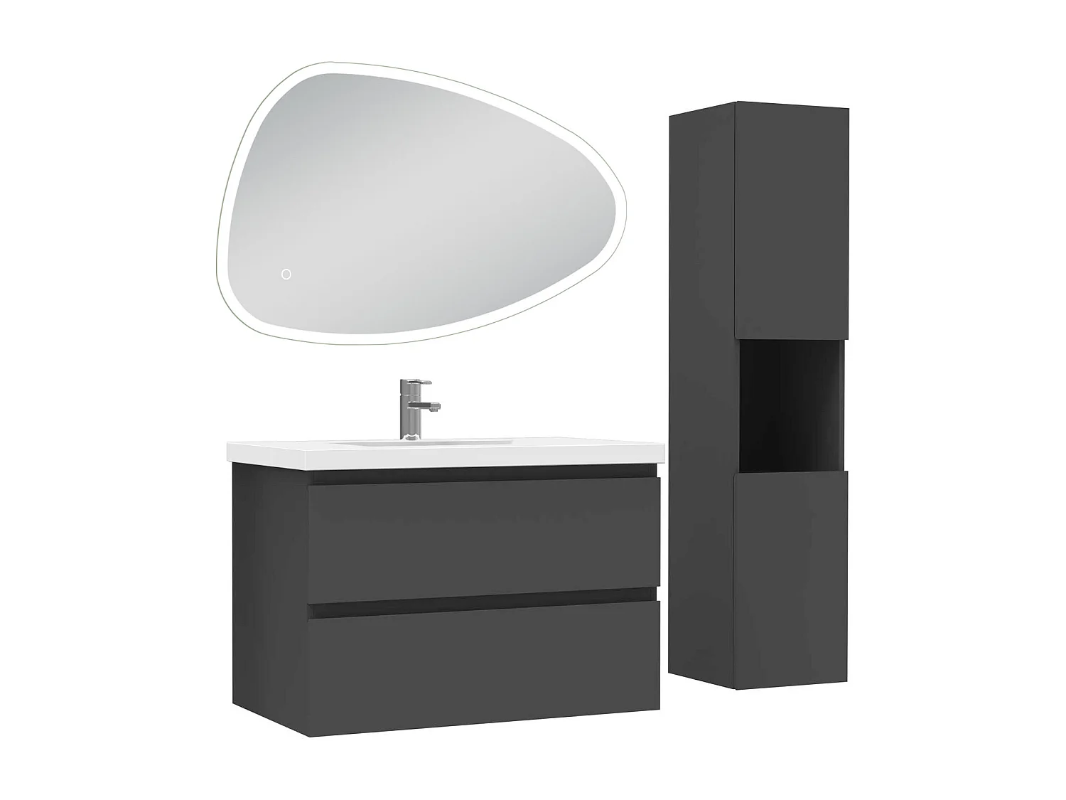 Ensemble meuble anthracite et vasque L.80cm 2 tiroirs + colonne haute + miroir antibuée Asymétrique à led 80x55cm-suspendu