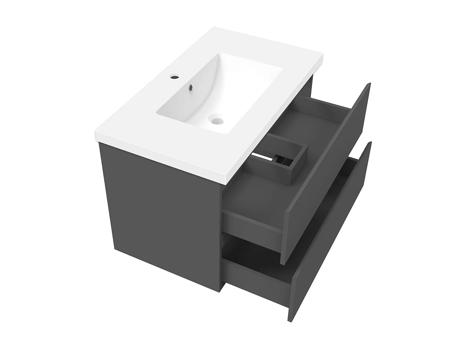 Ensemble meuble anthracite et lavabo L.80cm 2 tiroirs + colonne haute + miroir antibuée Asymétrique à LED 80x55cm-suspendu