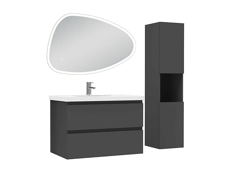 Ensemble meuble anthracite et vasque L.80cm 2 tiroirs + colonne haute + miroir antibuée Asymétrique à led 80x55cm-suspendu