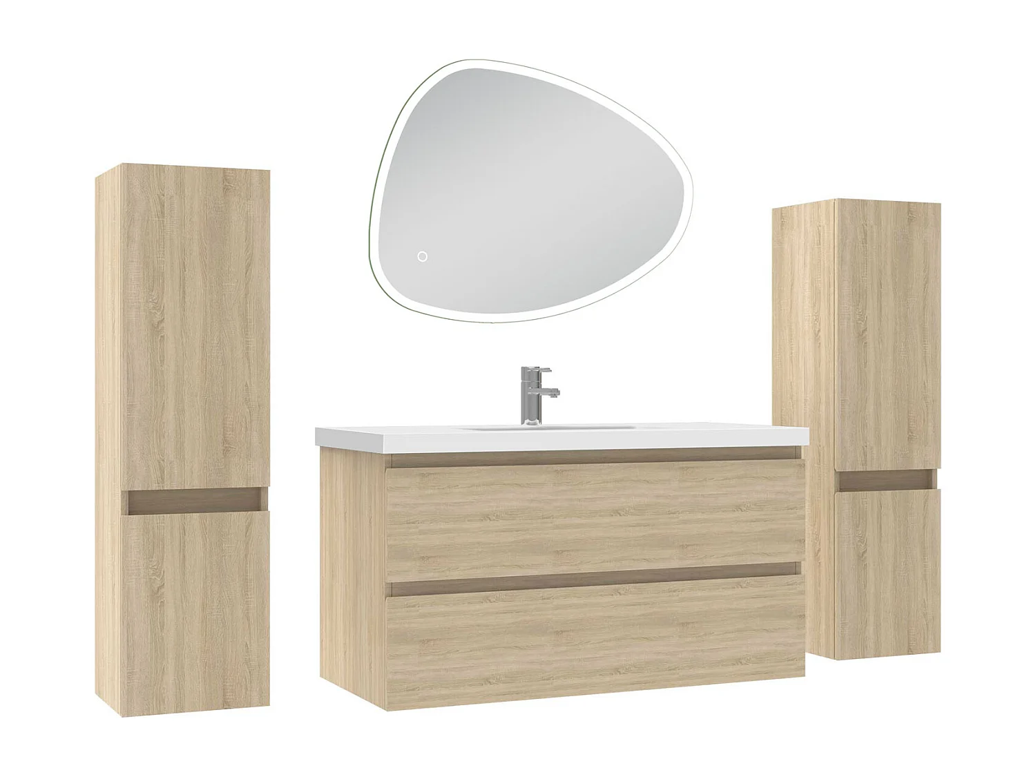 Ensemble meuble chêne et vasque L.100cm 2 tiroirs + colonne x 2 + miroir antibuée Asymétrique à led 80x65cm-suspendu