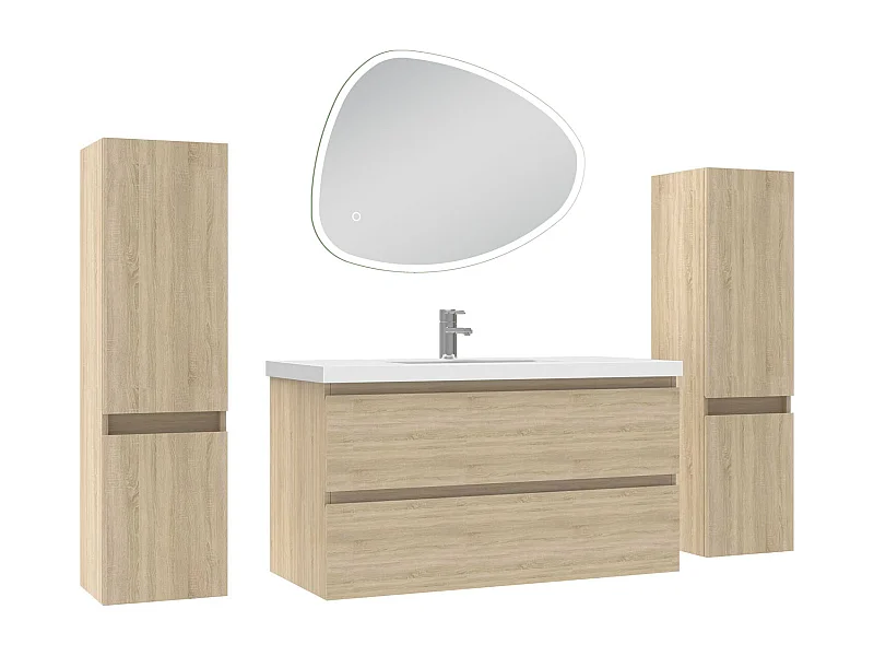 Ensemble meuble chêne et vasque L.100cm 2 tiroirs + colonne x 2 + miroir antibuée Asymétrique à led 80x65cm-suspendu