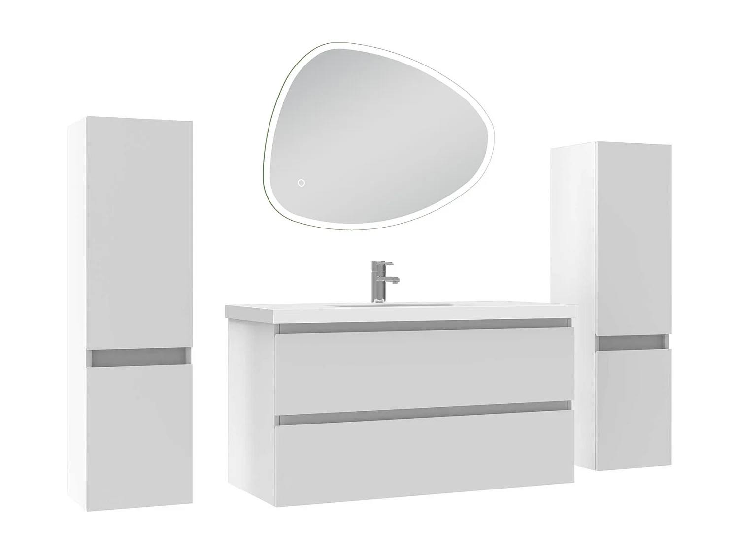 Ensemble meuble blanc et vasque L.100cm 2 tiroirs + colonne x 2 + miroir antibuée Asymétrique à led 80x65cm-suspendu