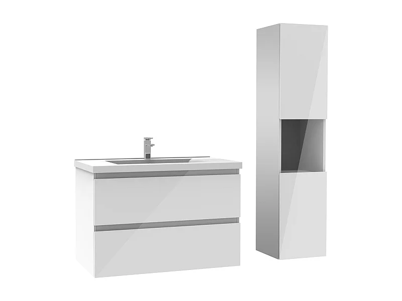 Ensemble meuble salle de bain 80 cm blanc brillant avec 2 tiroirs à fermeture automatique, lavabo céramique simple + colonne haute, suspendu