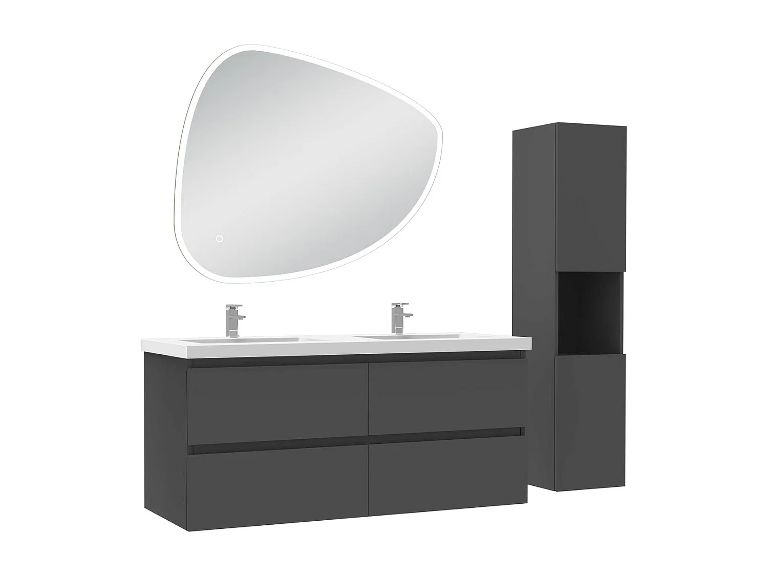 Ensemble meuble anthracite et vasque L.120cm 4 tiroirs + colonne haute + miroir antibuée Asymétrique à led 100x80cm-suspendu