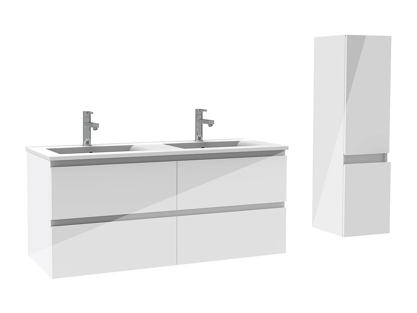 Ensemble meuble salle de bain 120 cm blanc brillant avec 4 tiroirs à fermeture automatique, double lavabo céramique + colonne, suspendu