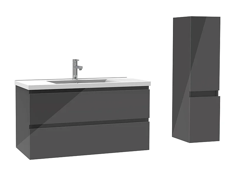 Ensemble meuble salle de bain 100 cm anthracite brillant avec 2 tiroirs à fermeture automatique, lavabo céramique simple + colonne, suspendu