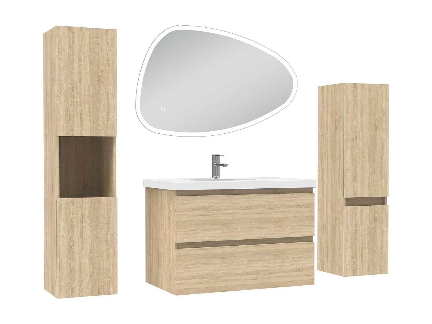Ensemble meuble chêne et lavabo L.80cm 2 tiroirs + colonne haute x 2 + miroir antibuée Asymétrique à LED 80x55cm-suspendu