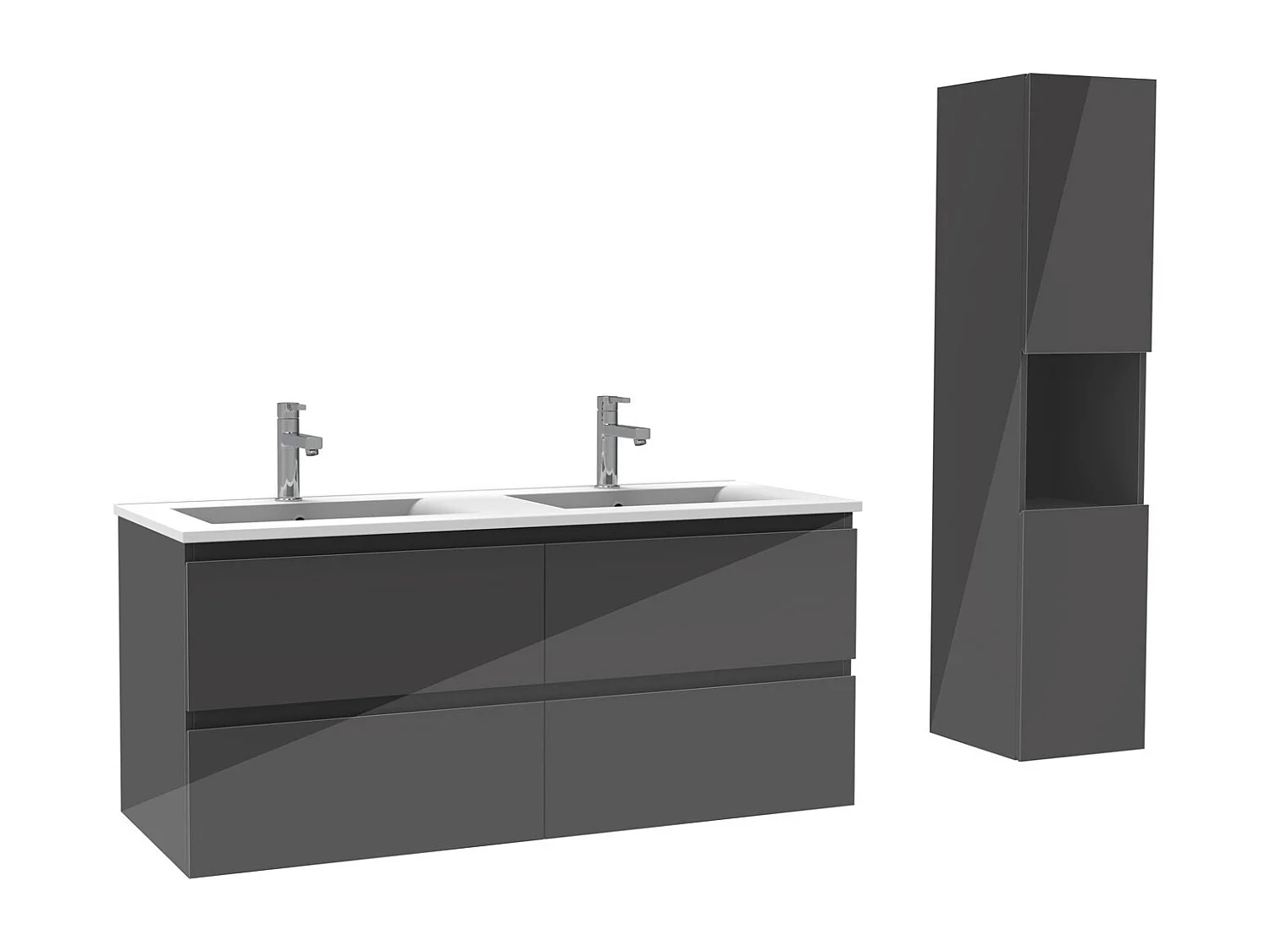 Ensemble meuble salle de bain 120 cm anthracite brillant avec 4 tiroirs à fermeture automatique, double lavabo céramique + colonne haute, suspendu