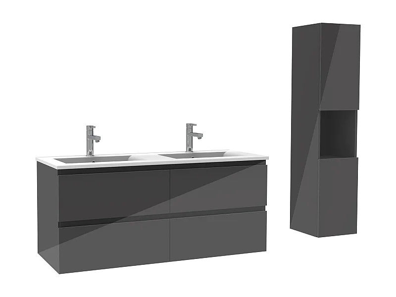 Ensemble meuble salle de bain 120 cm anthracite brillant avec 4 tiroirs à fermeture automatique, double lavabo céramique + colonne haute, suspendu