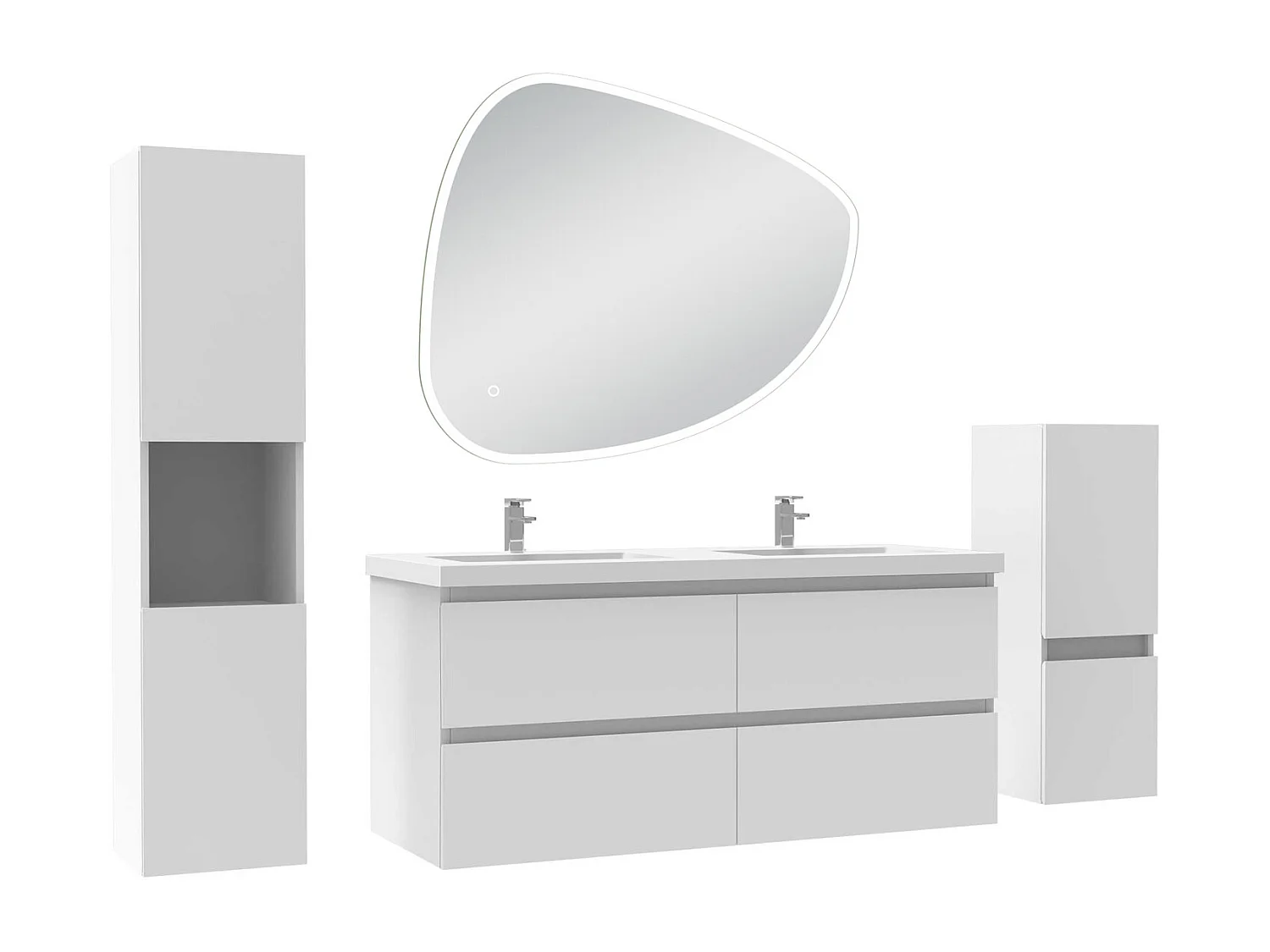 Ensemble meuble blanc et lavabo L.120cm 4 tiroirs + colonne haute + colonne basse + miroir antibuée Asymétrique à LED 100x80cm-suspendu