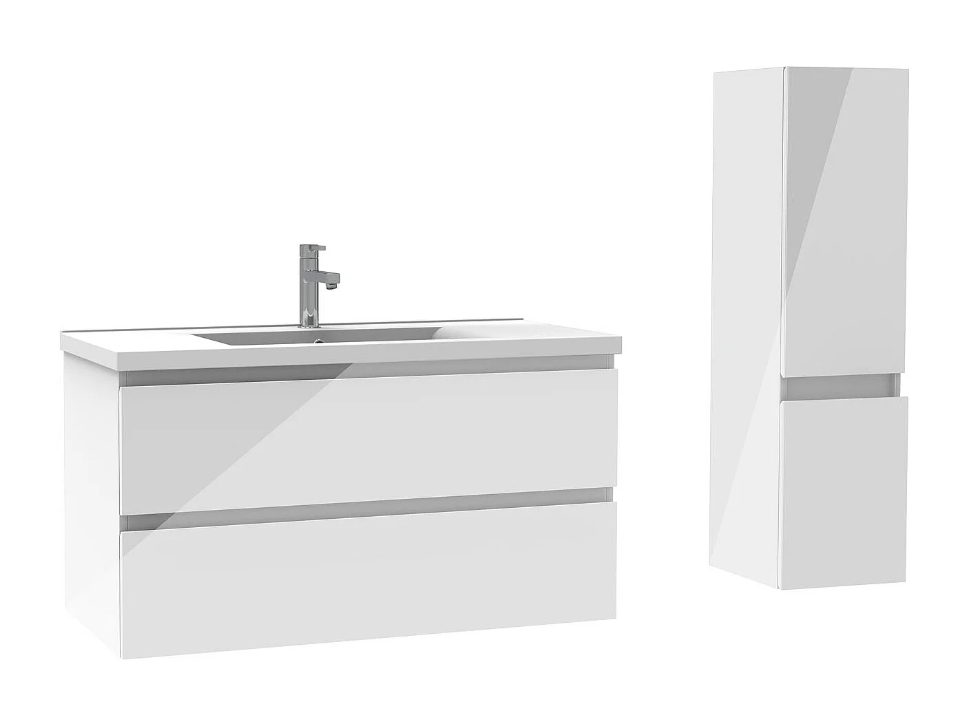 Ensemble meuble salle de bain 100 cm blanc brillant avec 2 tiroirs à fermeture automatique, lavabo céramique simple + colonne, suspendu