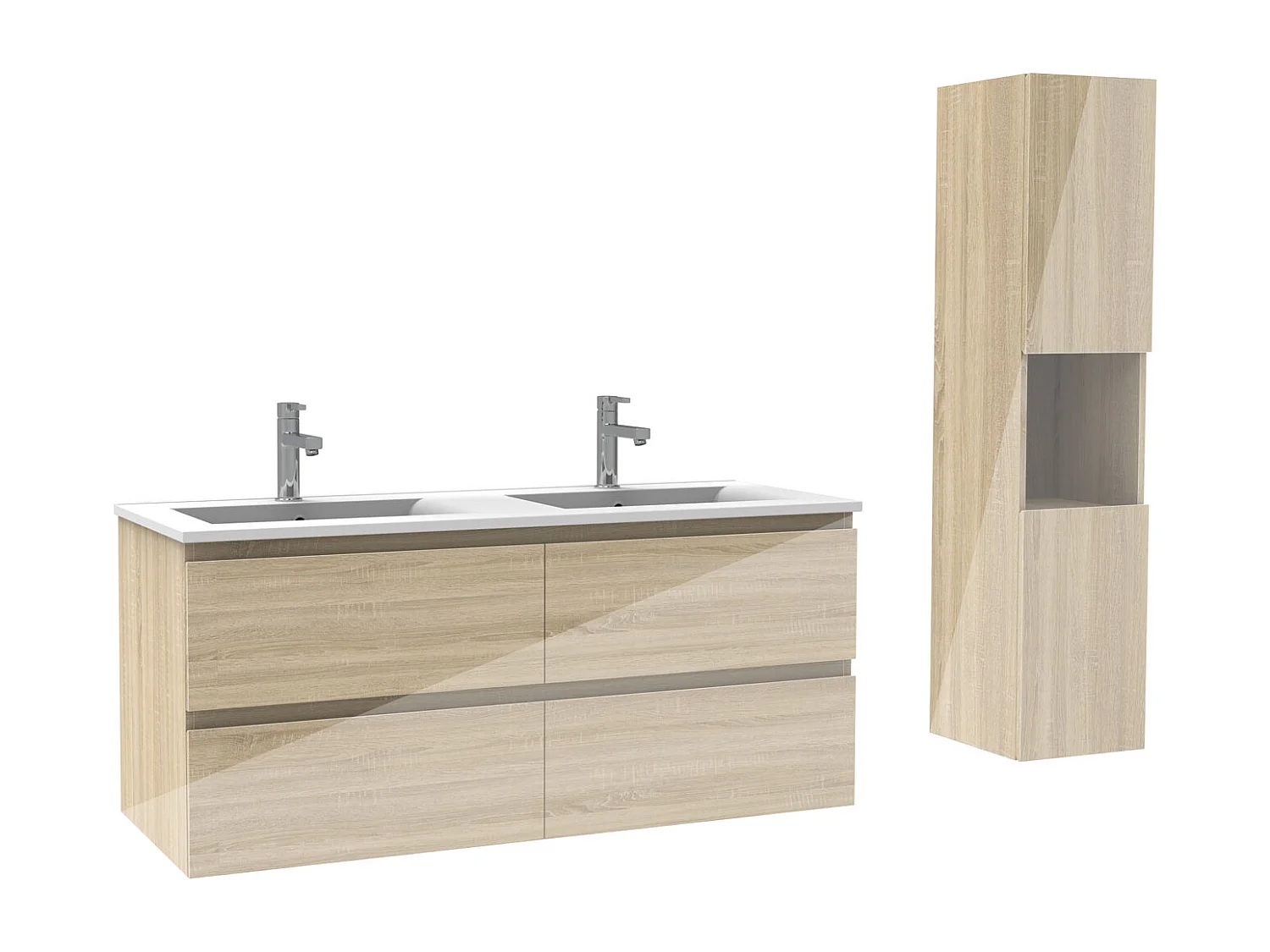 Ensemble meuble salle de bain 120 cm chêne brillant avec 4 tiroirs à fermeture automatique, double lavabo céramique + colonne haute, suspendu