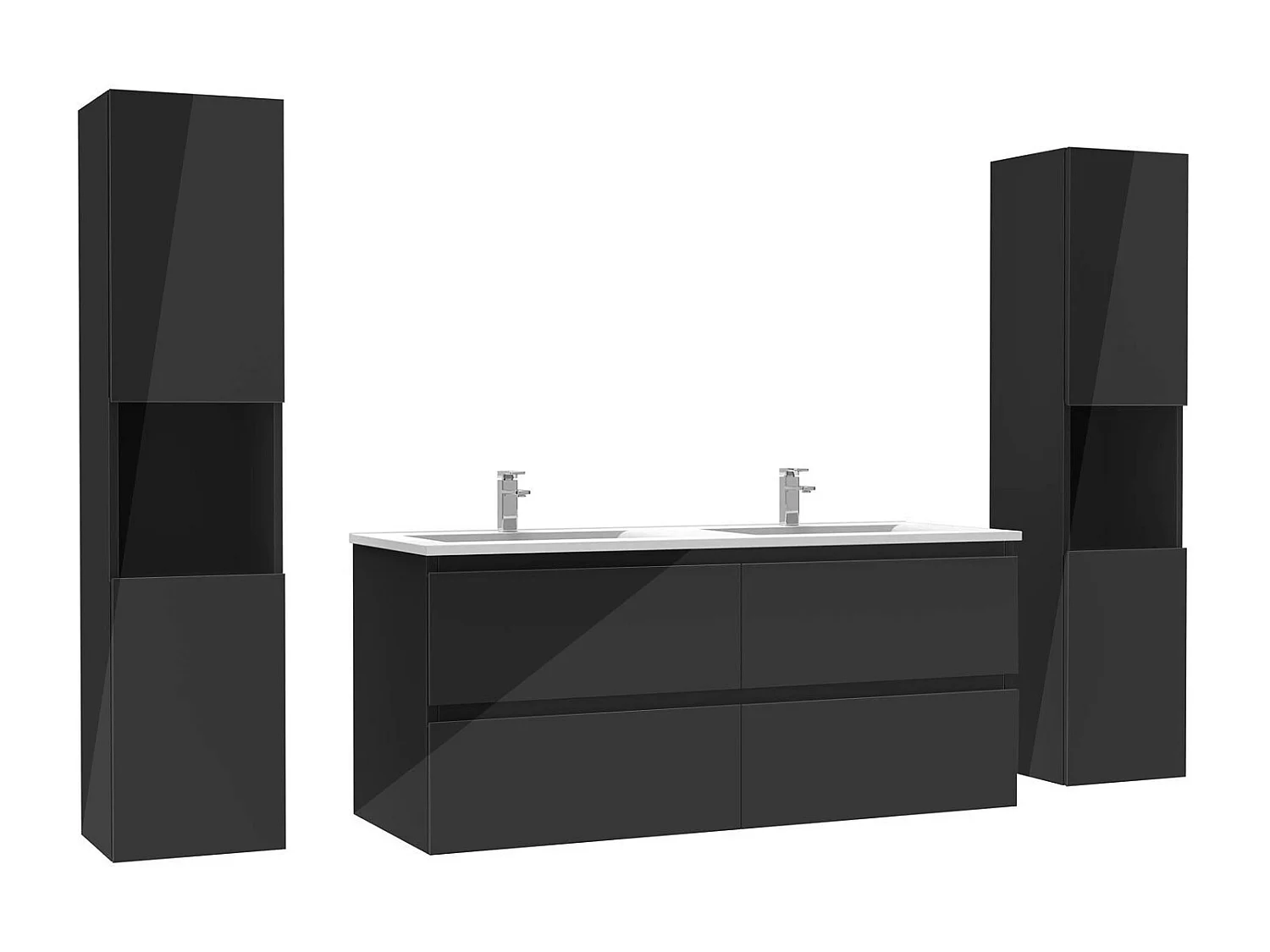 Ensemble meuble salle de bain 120 cm noir brillant avec 4 tiroirs à fermeture automatique, double lavabo céramique + colonne haute x2, suspendu