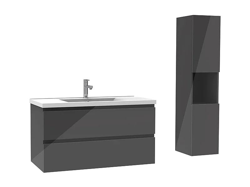 Ensemble meuble salle de bain 100 cm anthracite brillant avec 2 tiroirs à fermeture automatique, lavabo céramique simple + colonne haute, suspendu