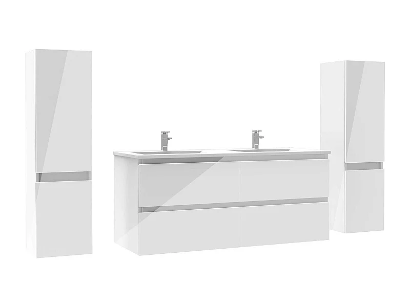 Ensemble meuble salle de bain 120 cm blanc brillant avec 4 tiroirs à fermeture automatique, double lavabo céramique + 2 colonnes, suspendu