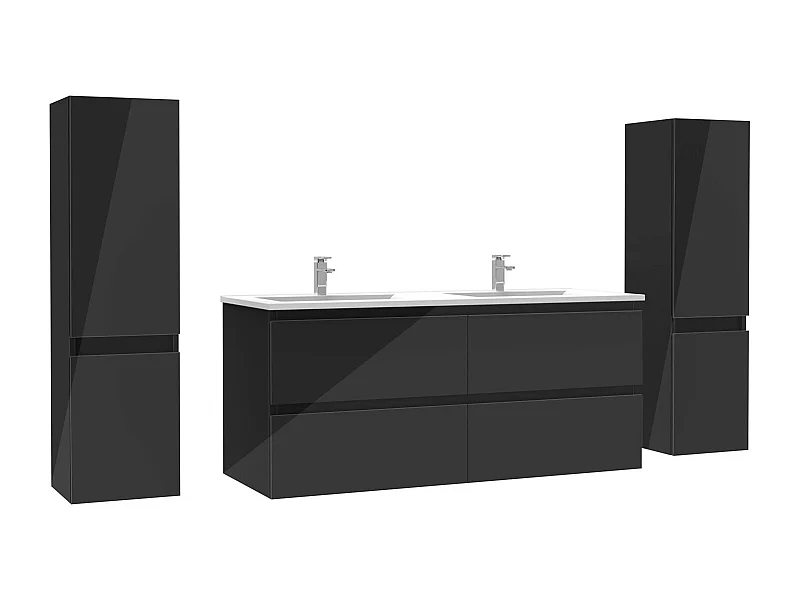 Ensemble meuble salle de bain 120 cm noir brillant avec 4 tiroirs à fermeture automatique, double lavabo céramique + 2 colonnes, suspendu