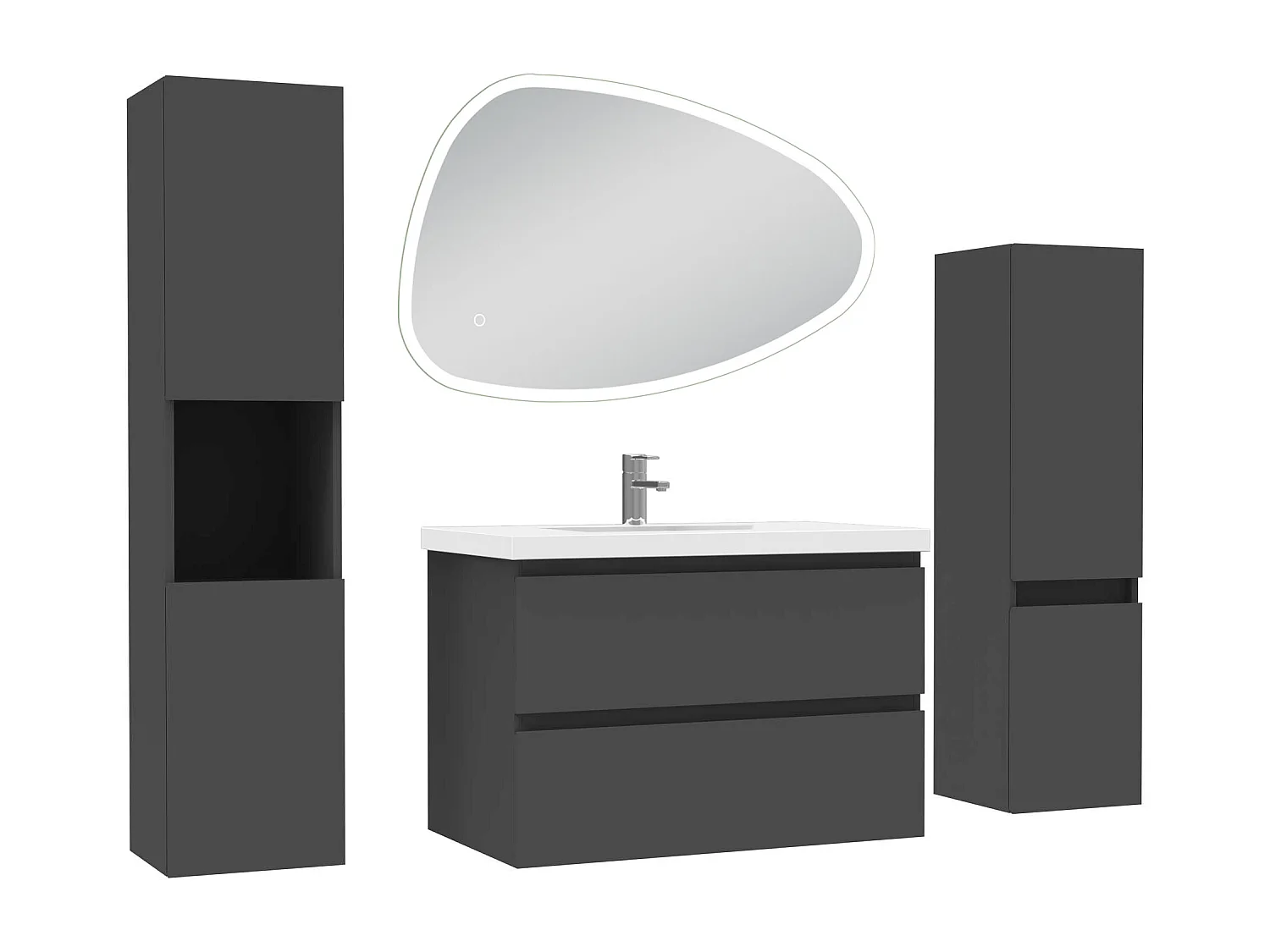 Ensemble meuble anthracite et lavabo L.80cm 2 tiroirs + colonne haute x 2 + miroir antibuée Asymétrique à LED 80x55cm-suspendu