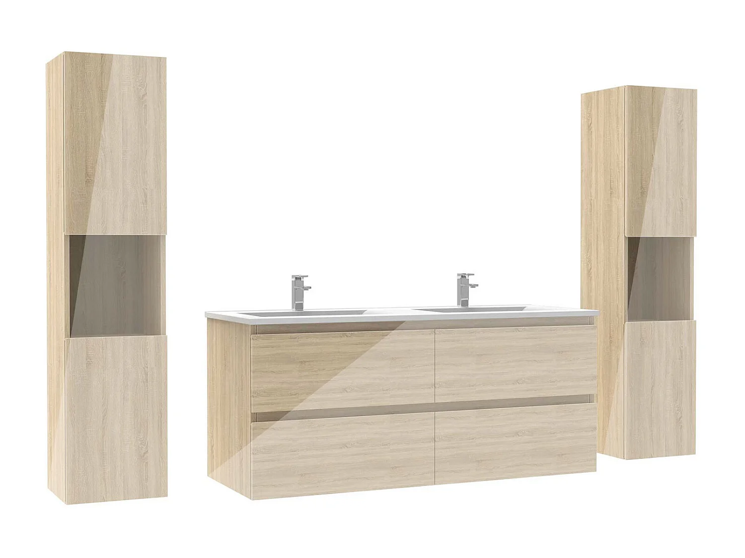 Ensemble meuble salle de bain 120 cm chêne brillant avec 4 tiroirs à fermeture automatique, double lavabo céramique + colonne haute x2, suspendu
