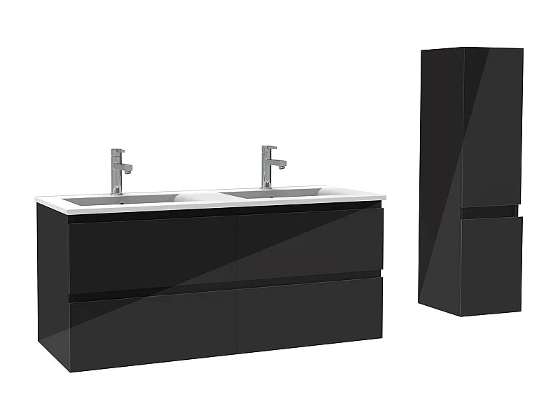 Ensemble meuble salle de bain 120 cm noir brillant avec 4 tiroirs à fermeture automatique, double lavabo céramique + colonne, suspendu