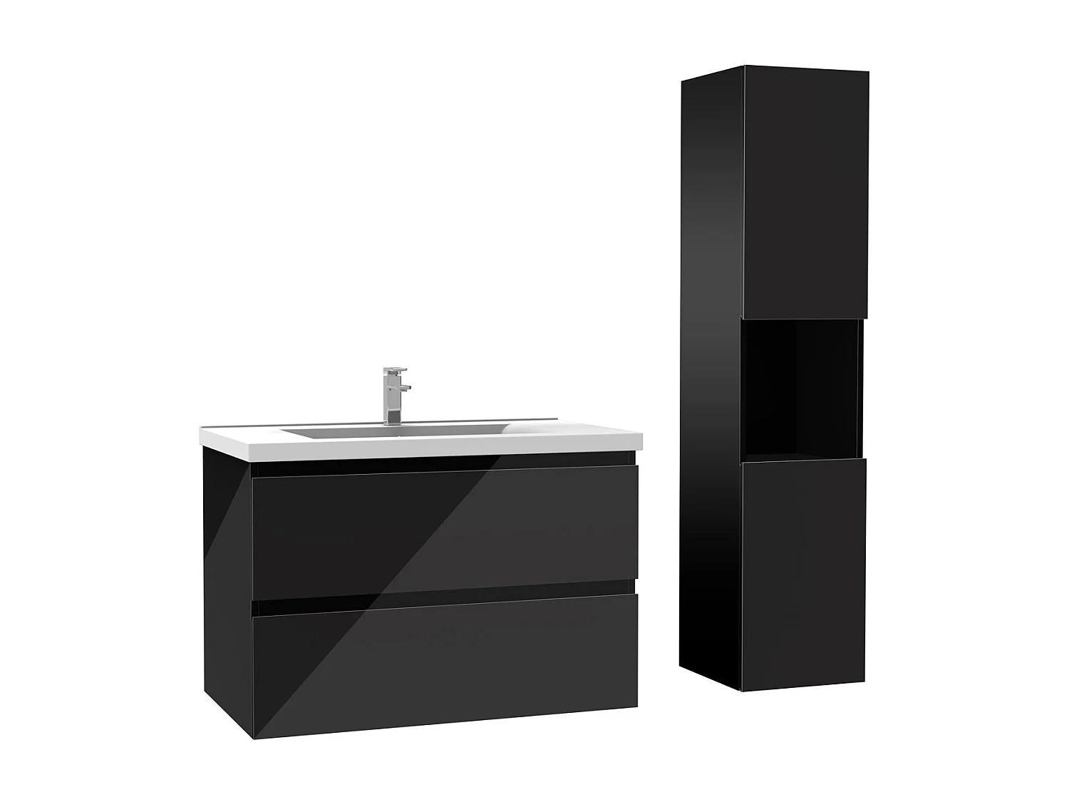 Ensemble meuble salle de bain 80 cm noir brillant avec 2 tiroirs à fermeture automatique, lavabo céramique simple + colonne haute, suspendu