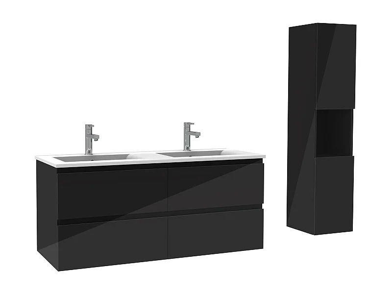 Ensemble meuble salle de bain 120 cm noir brillant avec 4 tiroirs à fermeture automatique, double lavabo céramique + colonne haute, suspendu