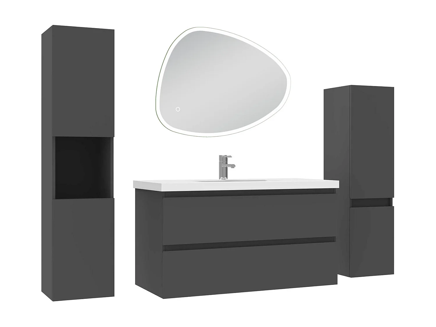 Ensemble meuble anthracite et vasque L.100cm 2 tiroirs + colonne haute x 2 + miroir antibuée Asymétrique à led 80x65cm-suspendu
