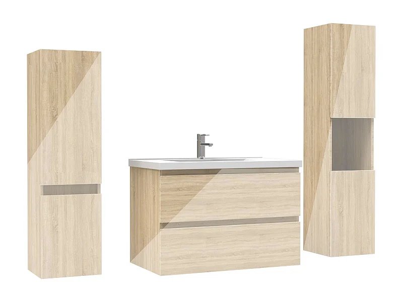 Ensemble meuble salle de bain 80 cm chêne brillant avec 2 tiroirs à fermeture automatique, lavabo céramique simple + deux colonnes, suspendu