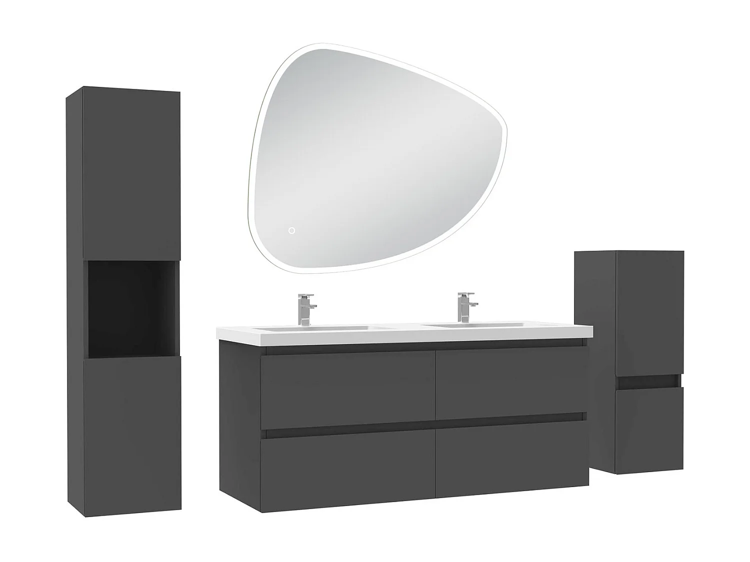 Ensemble meuble anthracite et vasque L.120cm 4 tiroirs + colonne haute + colonne basse + miroir antibuée Asymétrique à led 100x80cm-suspendu