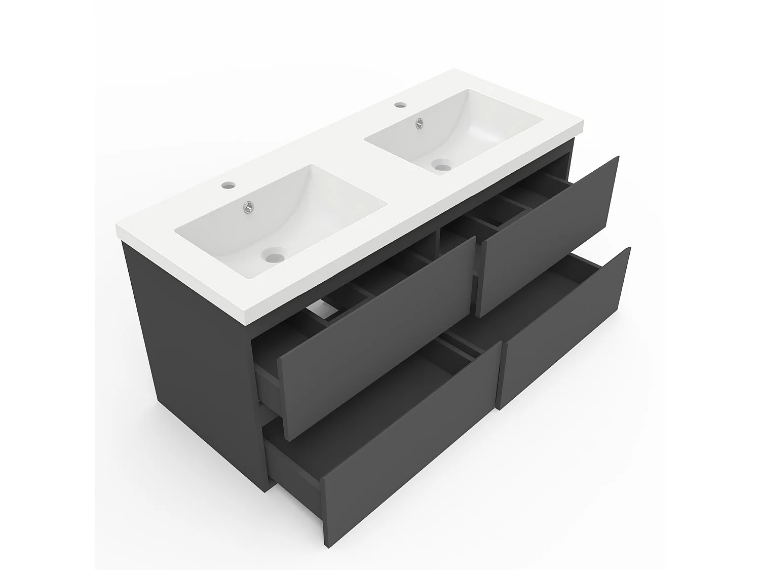 Ensemble meuble anthracite et lavabo L.120cm 4 tiroirs + colonne haute + colonne basse + miroir antibuée Asymétrique à LED 100x80cm-suspendu