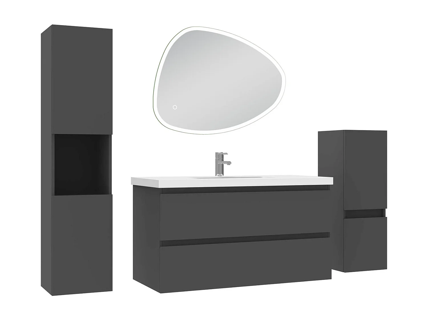 Ensemble meuble anthracite et vasque L.100cm 2 tiroirs + colonne haute + colonne basse + miroir antibuée Asymétrique à led 80x65cm-suspendu