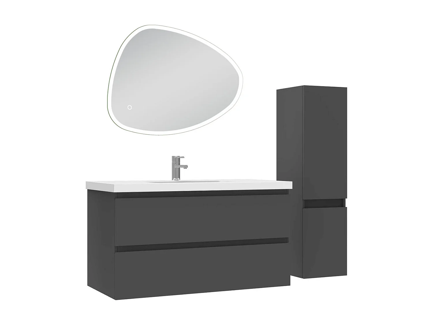 Ensemble meuble anthracite et lavabo L.100cm 2 tiroirs + colonne + miroir antibuée Asymétrique à LED 80x65cm-suspendu