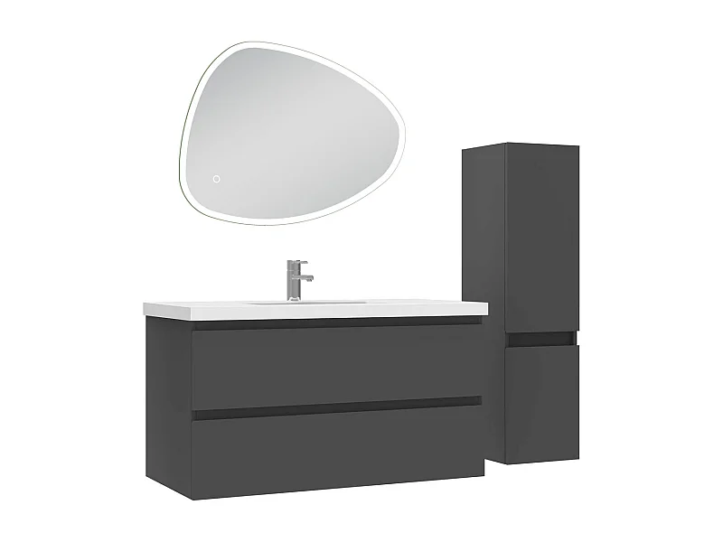Ensemble meuble anthracite et vasque L.100cm 2 tiroirs + colonne + miroir antibuée Asymétrique à led 80x65cm-suspendu
