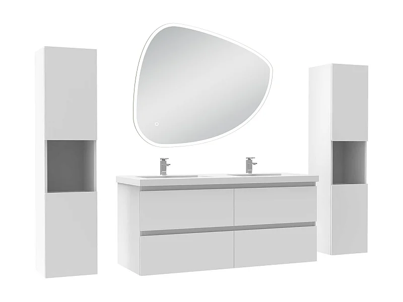 Ensemble meuble blanc et vasque L.120cm 4 tiroirs + colonne x 2 haute + miroir antibuée Asymétrique à led 100x80cm-suspendu