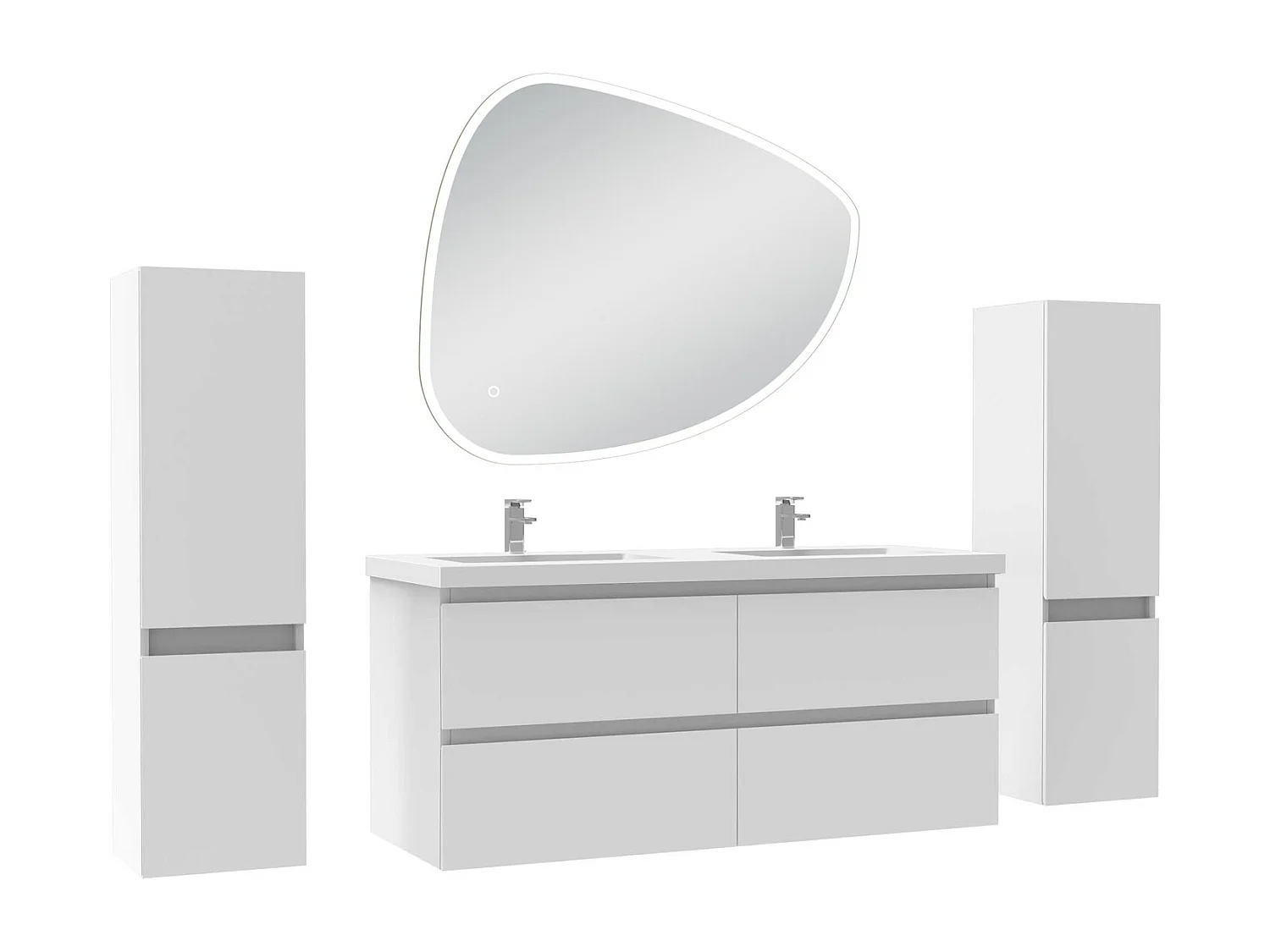 Ensemble meuble blanc et vasque L.120cm 4 tiroirs + colonne x 2 + miroir antibuée Asymétrique à led 100x80cm-suspendu