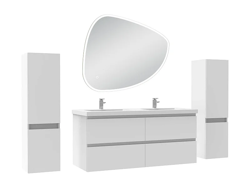 Ensemble meuble blanc et vasque L.120cm 4 tiroirs + colonne x 2 + miroir antibuée Asymétrique à led 100x80cm-suspendu