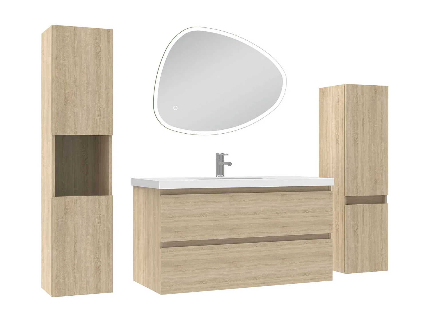 Ensemble meuble chêne et vasque L.100cm 2 tiroirs + colonne haute x 2 + miroir antibuée Asymétrique à led 80x65cm-suspendu
