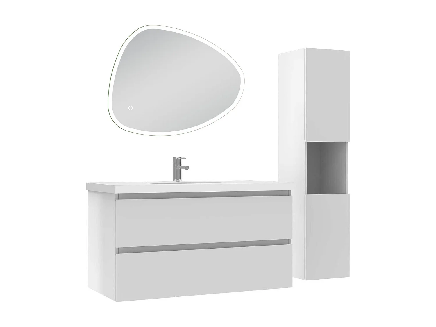 Ensemble meuble blanc et lavabo L.100cm 2 tiroirs + colonne haute + miroir antibuée Asymétrique à LED 80x65cm-suspendu
