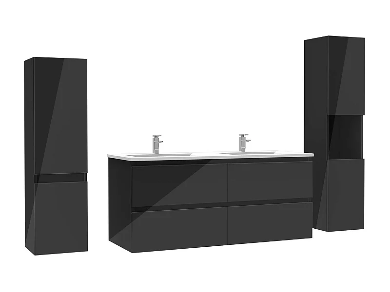 Ensemble meuble salle de bain 120 cm noir brillant avec 4 tiroirs à fermeture automatique, double lavabo céramique + deux colonnes, suspendu