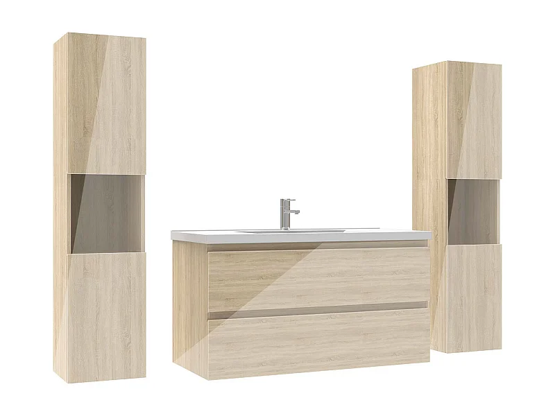 Ensemble meuble salle de bain 100 cm chêne brillant avec 2 tiroirs à fermeture automatique, lavabo céramique simple + colonne haute x2, suspendu