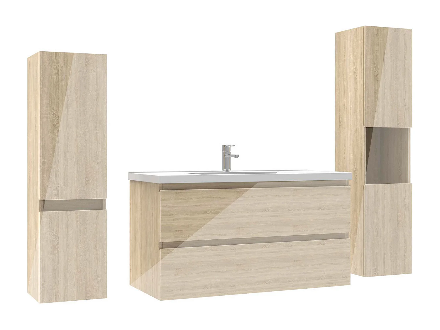 Ensemble meuble salle de bain 100 cm chêne brillant avec 2 tiroirs à fermeture automatique, lavabo céramique simple + deux colonnes, suspendu